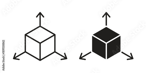 Set of three dimensional cube icons, representing dimensions, volume, and spatial measurement, depicted in outline and solid black fill versions for versatile graphic design applications