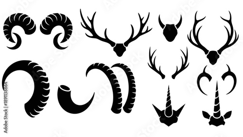 Set of stylized black horns and antlers from various animals like ram, deer, bull, and unicorn for decorative use