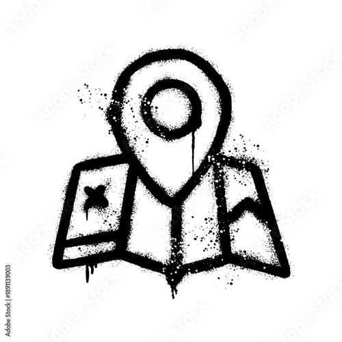 Urban graffiti map and pin location icon spray paint stencil vector art