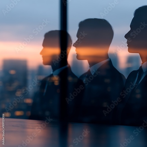 Silhouettes of three professionals against a sunset urban backdrop, reflecting a sense of teamwork and ambition in a corporate environment.
