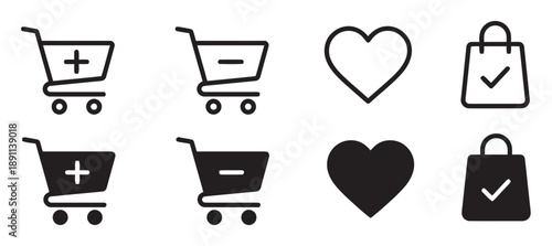 Shopping cart icons add remove empty filled with checkmark and heart outline filled plus minus and shopping bag outline filled for e commerce design elements