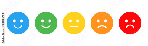 Set of five cartoon smiley faces representing emotions from happy to sad, blue for very happy, green for happy, yellow for neutral, orange for unhappy, and red for sad, white background