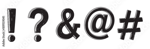Set of five punctuation and symbol outlines including exclamation mark, question mark, ampersand, at symbol, and hash tag, for communication and design elements