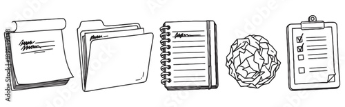 Set of five office and stationery items: notepad, folder, spiral notebook, crumpled paper, checklist clipboard, in hand-drawn black and white style.