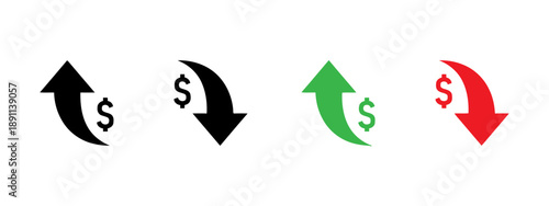 Set of financial icons depicting currency exchange rate fluctuations. Upward and downward arrows with dollar signs in black and color, business finance growth.