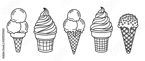 Set of five ice cream cones with different scoop styles and toppings, depicted in a charming line art illustration.