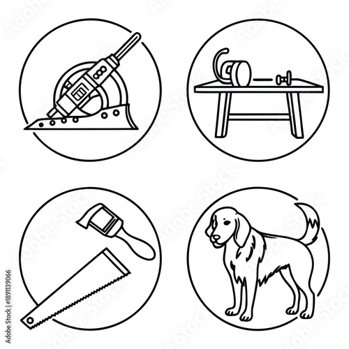 Line art icons of dog with tools for hobbies and leisure activities