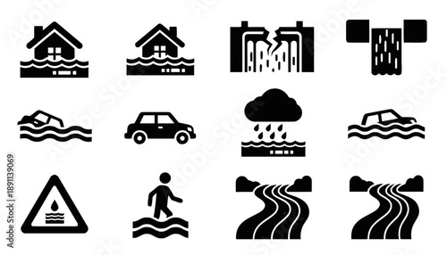 Set of flood disaster icons, showing flooded houses, damaged buildings, submerged cars, heavy rain, and flowing water, representing natural calamities and emergency situations