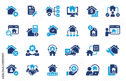 Set of flat design icons representing real estate business concepts, including house, document, graph, computer, tools, and people working together on property development.