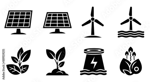 Set of renewable energy icons including solar panels wind turbines and green plants representing sustainable power generation and eco friendly technology concepts for environmental projects