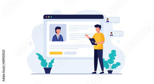 Man interacting with large webpage on a computer screen with plants nearby