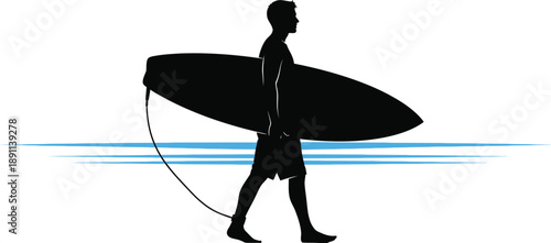 Silhouette of a surfer walking toward the ocean carrying a large surfboard under a bright summer sky