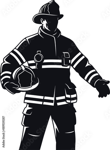 Silhouette illustration of a brave firefighter standing strong while holding a protective helmet under stark contrast lighting