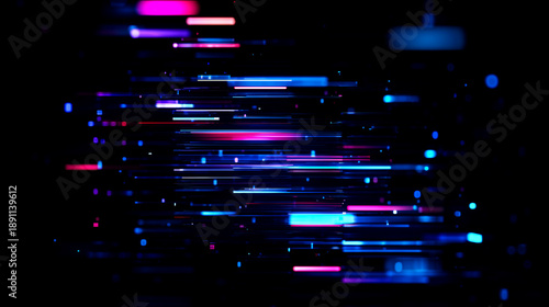 水色とピンクの光が交錯する鮮やかなデジタルデータライン