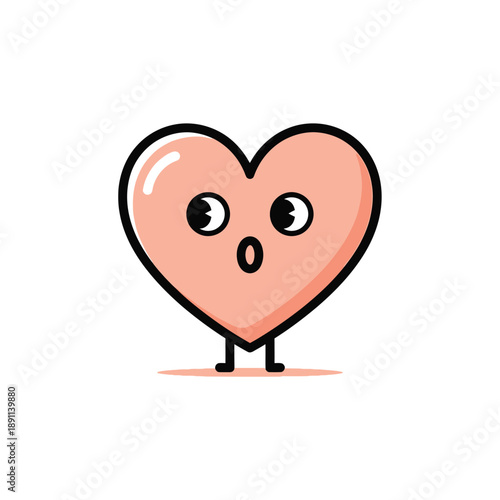 Cute surprised cartoon heart character standing isolated on a white background