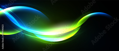 Bright flowing lines create abstract wave form. Vivid blues, greens, yellows contrast dark background. Dynamic energy radiates.