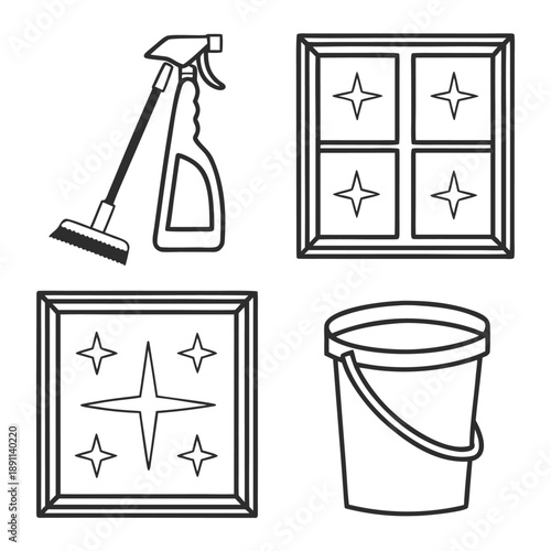 Black and white line drawing of cleaning supplies including a spray bottle and squeegee for window cleaning
