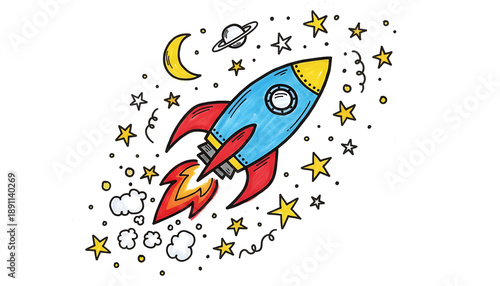 Vibrant Hand-Drawn Rocket Ship Exploring Outer Space, Surrounded by Stars, Moon, and Planets