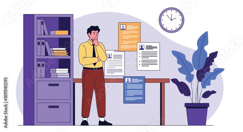 Thoughtful Office Professional Reviewing Documents On Bulletin Board In A Modern Purple Workspace