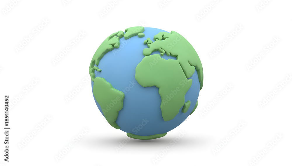 Fototapeta premium Minimalist 3D Cartoon Earth Globe Illustration with Green Continents and Blue Oceans