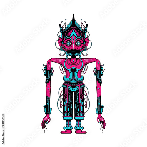 Abstract bio-tech vector robot illustration featuring intricate circuitry and a vibrant blend of magenta and cyan hues, showcasing futuristic design and mechanical complexity