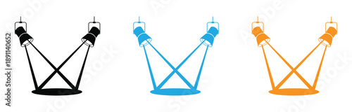 Spotlight, Theater Stage Icon Symbol. Stage spotlights outline icon. Spotlights shining in different colors on stage