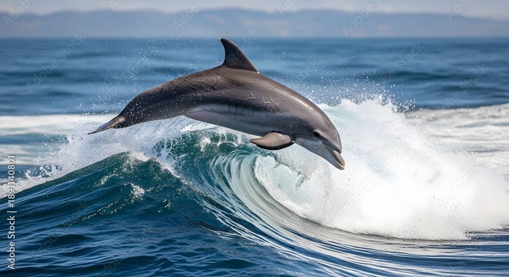 Fototapeta premium Dynamic photograph captures a sleek bottlenose dolphin gracefully leaping high above a curling ocean wave with water splashing