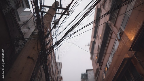 Dense network of tangled electrical wires and cables hanging over an urban street between buildings