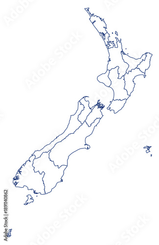 Blue Outline New Zealand Map with District Borders Ocenia Country