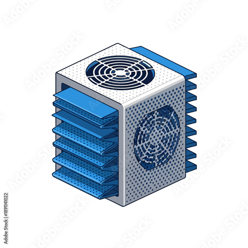 An isometric vector illustration of a cooling fan system, a cube-shaped device with multiple fans and heat sinks for efficient thermal management and ventilation