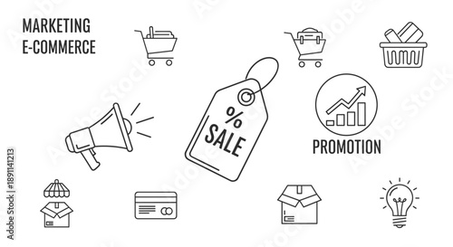 A comprehensive collection of outline icons illustrating essential e-commerce marketing, digital sales, and online business promotion strategies