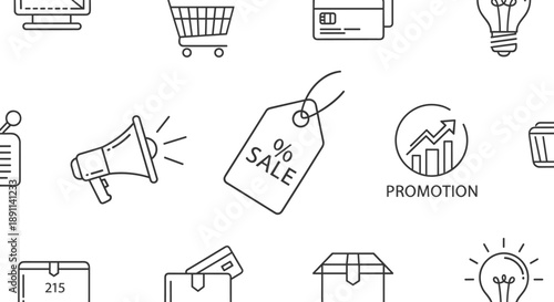 A comprehensive collection of modern outline icons representing e-commerce, online shopping, digital marketing, and business operations, ideal for web development and graphic design projects