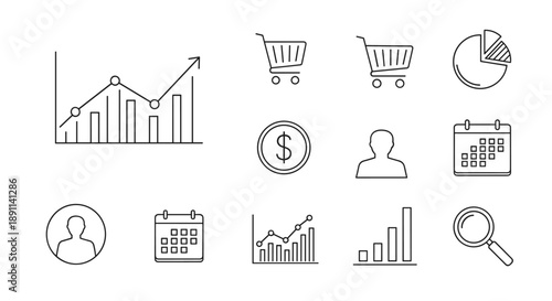 Business and finance thin line vector icons. This essential set includes charts, shopping carts, user profiles, calendars, and money symbols for web, app, and analytical design