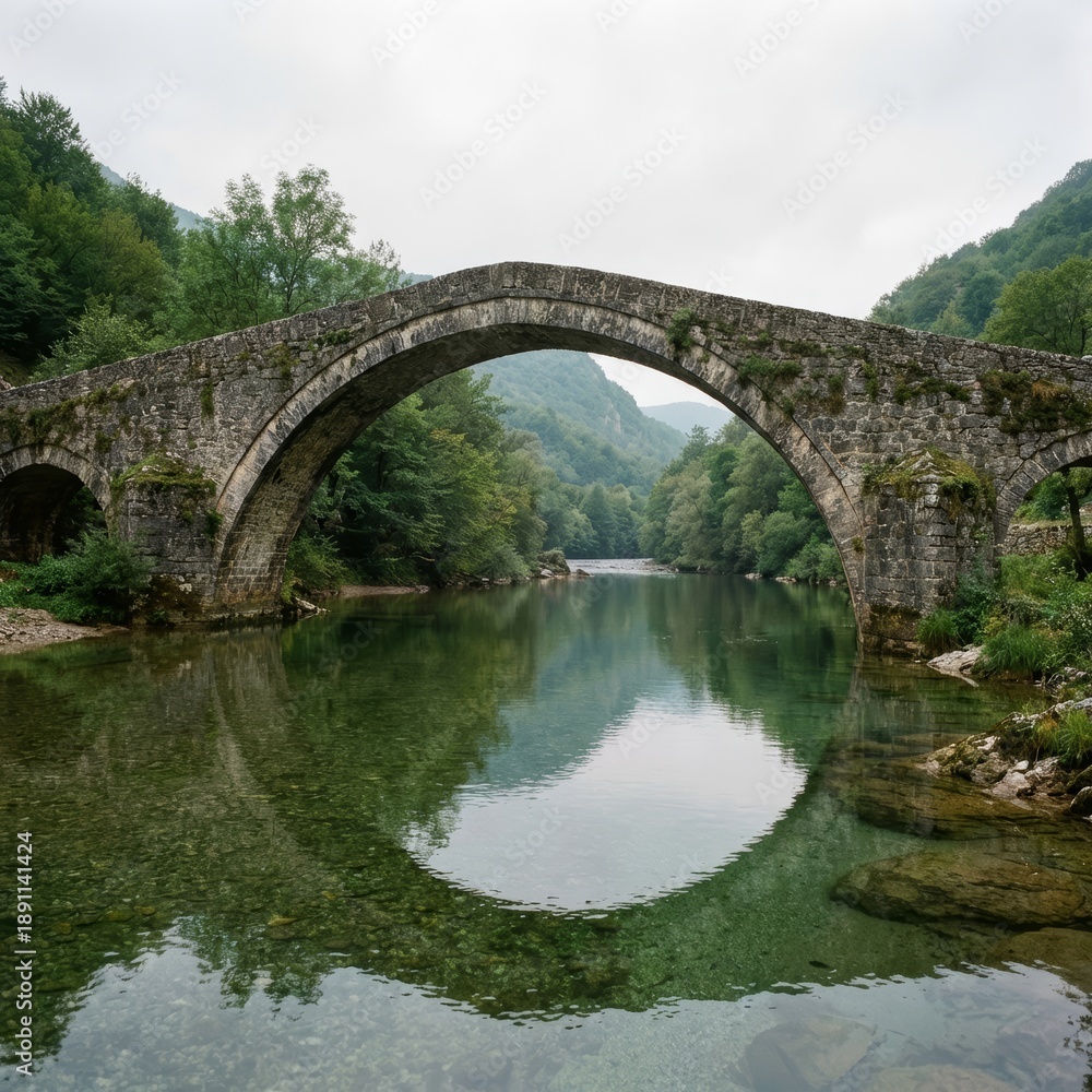 Fototapeta premium Ancient Stone Arch Bridge Reflection Clear River Valley