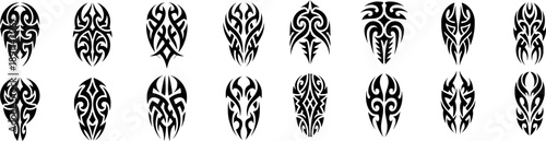 Set of abstract tribal ornament symbols in black. Vector collection of decorative ethnic patterns suitable for tattoos, logos, prints and graphic design projects.