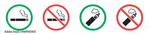 Smoking and vaping prohibition signs showing cigarettes and electronic cigarettes with red cross for no smoking and vaping allowed areas designated zones safety regulations