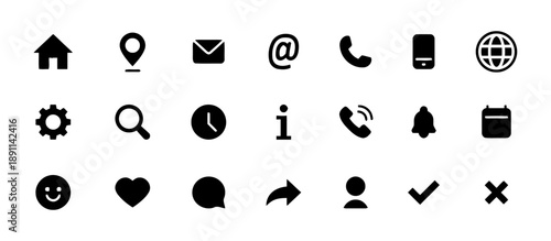 Solid black web icons bundle featuring house location pin envelope email symbol phone handset smartphone world globe gear magnifying glass clock information bell calendar face heart speech bubble