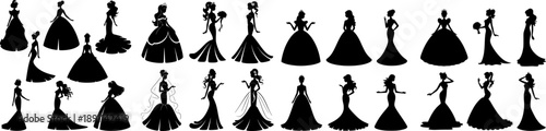 Collection of elegant female silhouettes in princess and bridal gowns. Vector set with graceful poses, crowns and dresses, perfect for weddings, fashion and fairy tale designs.