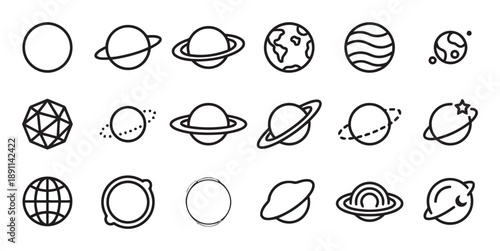 Space and planets icons in outline style, representing Earth, Saturn, Mars, moon, sun, star, geometric sphere, abstract planet, celestial body