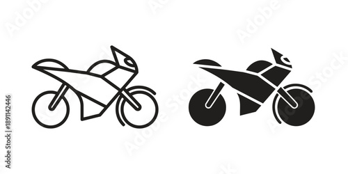 Sport motorcycle outline and solid black silhouette, speed bike icon for transportation and recreation design, vector