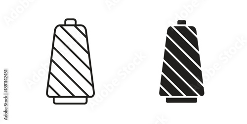 Spool of thread icon in outline and solid black variations, symbolizing sewing, crafts, textiles, and tailoring projects; useful for fashion and DIY design