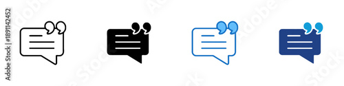 Speech bubble with quotation marks icon set black outline solid fill blue outline and dark blue fill variations simple vector illustration representing quotes messages or comments concept