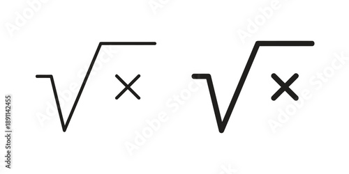 Square root symbols and multiplication signs in outline and filled versions representing mathematical operations and calculations with variables