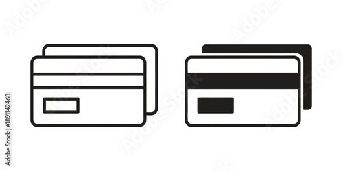 Stack of credit cards icon in outline and solid black versions representing payment finance banking transaction or shopping concept graphic element