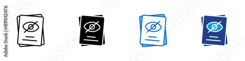 Stack of papers with eye crossed out icon set black outline solid fill blue outline and dark blue fill variations vector representing private restricted or hidden documents concept
