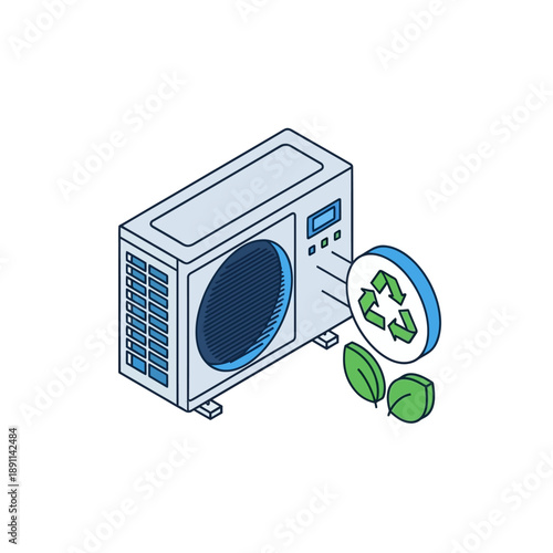 Vector illustration of an energy-efficient air conditioner unit with recycling and leaf icons, representing eco-friendly cooling solutions