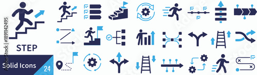 Step by step progression solid icons set showing career growth success stages path development process improvement goals achievement strategy planning navigation and human movement towards goal