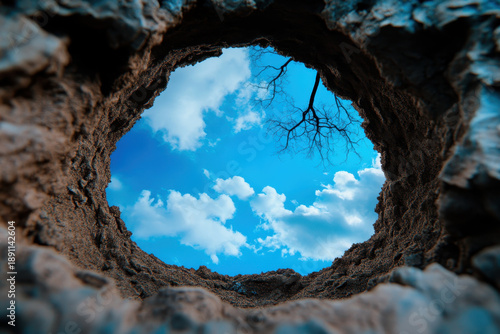 Sky cloud hole tree branch trunk bark perspective frame bright blue sky with fluffy cloud through rough soil ring while single bare branch reach inward creating surreal natural window view