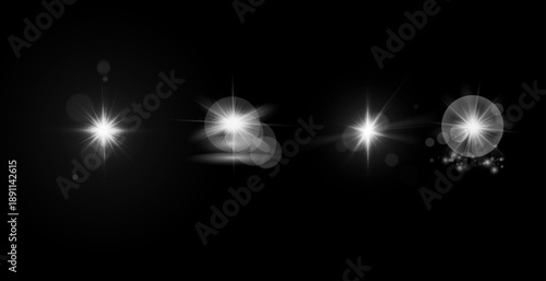 Set. Shining star, the sun particles and sparks with a highlight effect, golden bokeh lights glitter and sequins. On a dark background transparent. Vector, EPS10