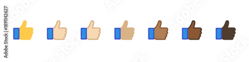 Thumbs up icons with different skin tones. Hand gesture of approval, agreement, or liking. Social media like button symbol in various human skin colors, diverse representation